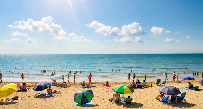  Strand in Bournemouth England mit Sonnenschirmen und Meer während einer LISA! Sprachreise für Erwachsene