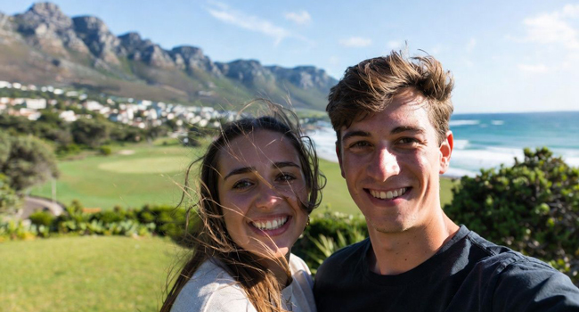 Erwachsene machen Selfie in Kapstadt während eines LISA! Bildungsurlaubs genießen Küste, Natur und lernen Englisch