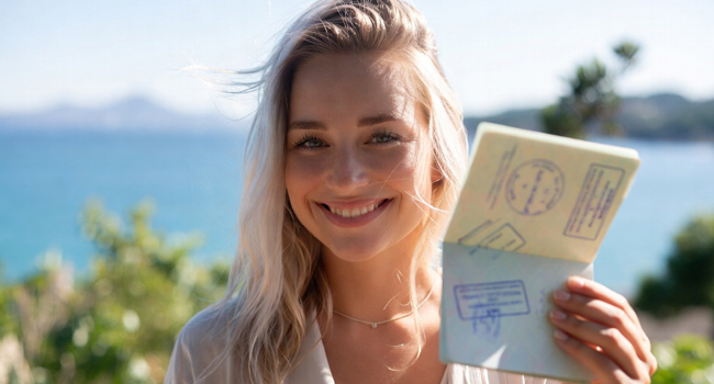 Visum für eine LISA! Sprachreise - Frau hält Pass mit Visastempel hoch