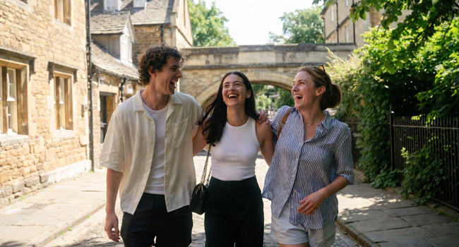  Erwachsene spazieren durch Oxford während eines LISA! Bildungsurlaubs genießen historische Architektur und lernen Englisch