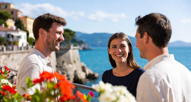 Bildungsurlaub Italien Sanremo mit LISA! – Italienisch lernen und die italienische Riviera erleben Erwachsene am Meer in Sanremo während eines LISA! Bildungsurlaubs genießen mediterrane Atmosphäre und lernen Italienisch