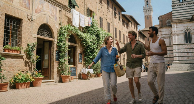 Erwachsene spazieren durch Siena während eines LISA! Bildungsurlaubs genießen italienische Altstadt und lernen Italienisch