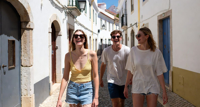 Junge Erwachsene spazieren durch portugiesische Altstadt während einer LISA! Sprachreise und genießen Sonne und Stadtleben