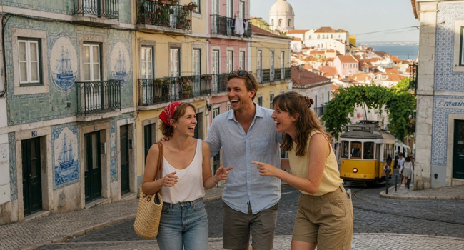 Erwachsene lachen in Lissabon während eines LISA! Bildungsurlaubs und genießen Stadtblick, Kultur und portugiesisches Flair