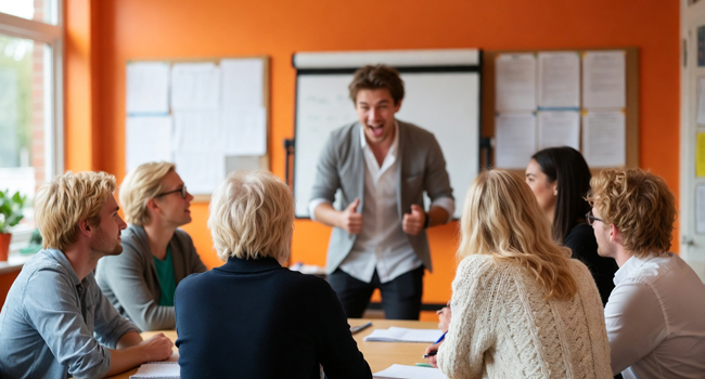 Teilnehmer im Englischunterricht während einer LISA! Sprachreise für Erwachsene in England Brighton im Klassenzimmer