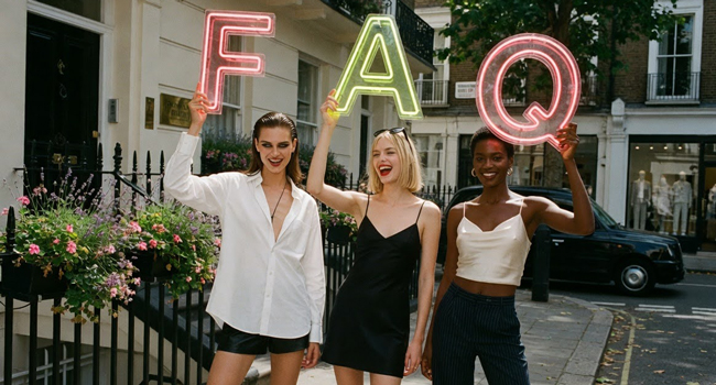  Erwachsene in London England halten FAQ Buchstaben während einer LISA! Sprachreise in der Stadt