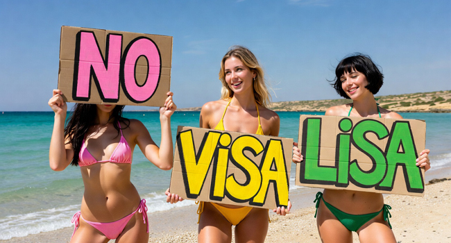  Drei Schülerinnen am Strand halten ein „No Visa“ Schild während einer LISA! Sprachreise in Malta