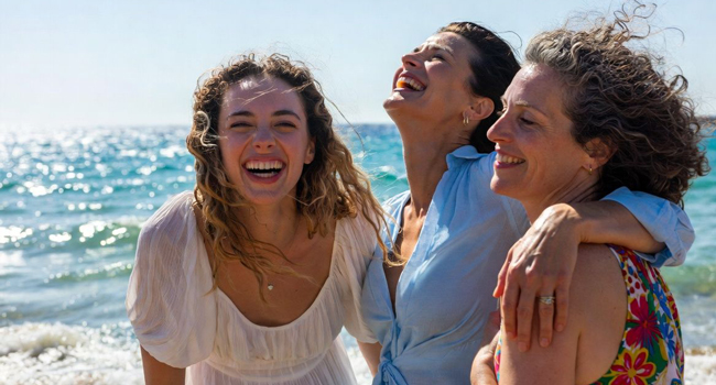 Erwachsene lachen gemeinsam am Strand auf Malta während eines LISA! Bildungsurlaubs genießen Sonne, Meer und internationale Atmosphäre