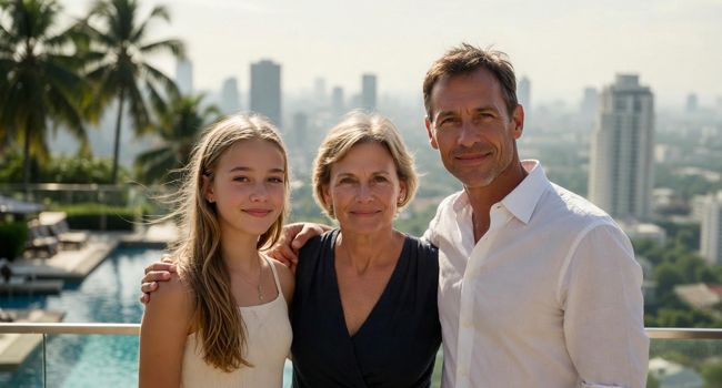 Familie Mutter Vater Tochter auf Sprachreise Bildungsurlaub Bangkok auf Rooftop
