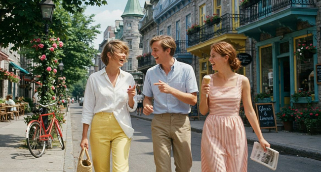 Bildungsurlaub Québec Kanada mit LISA! – Französisch lernen und Québec entspannt entdecken Erwachsene spazieren durch Québec während eines LISA! Bildungsurlaubs genießen Stadtleben, Eiscreme und internationale Atmosphäre