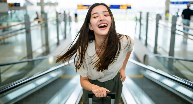  Junge Erwachsene mit Koffer am Flughafen während eines LISA! Bildungsurlaubs freuen sich auf Sprachreise nach Osaka