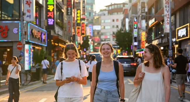 Junge Erwachsene erkunden Seoul bei Abendstimmung während einer LISA! Sprachreise und genießen Stadtleben und Freizeit