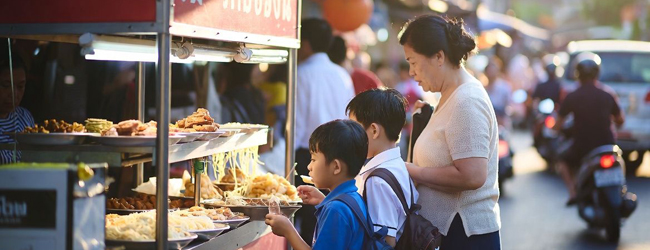 Sprachreise Thailand Bangkok mit LISA! – Streetfood, Kultur und Alltag erleben Familie mit Kindern an einem Streetfood-Stand in Bangkok Thailand während einer LISA! Sprachreise erlebt lokale Küche