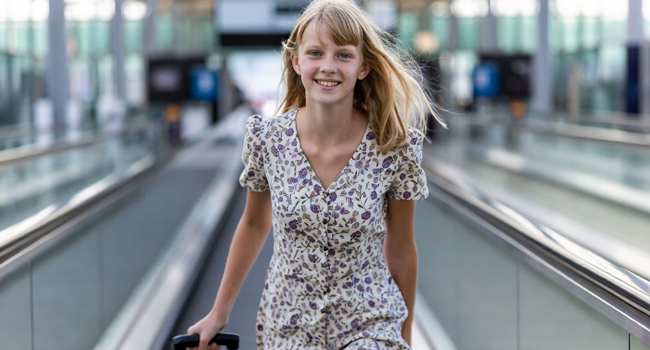 Schülerin mit Koffer am Flughafen während einer LISA! Sprachreise nach England freut sich auf die Anreise