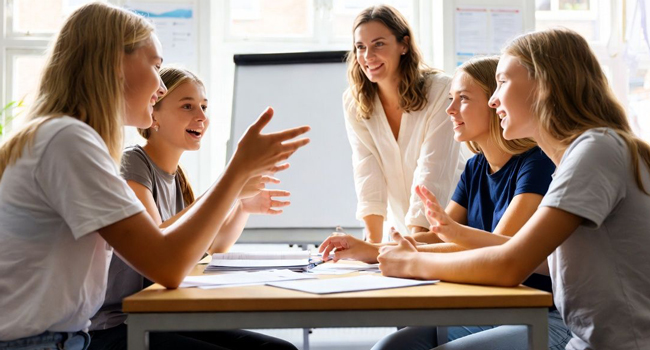 Englischunterricht für Schülerinnen in Bournemouth Park England während einer LISA! Sprachreise mit Lehrerin im Klassenzimmer