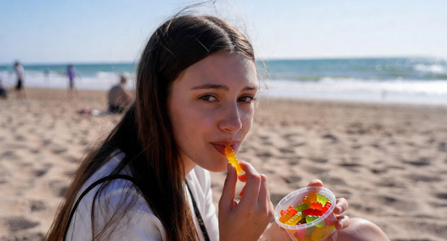 Schülerin am Strand in Bournemouth England während einer LISA! Sprachreise genießt Süßigkeiten am Meer