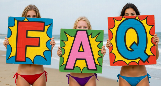 Drei Schülerinnen am Strand in Eastbourne halten FAQ Schilder während einer LISA! Sprachreise