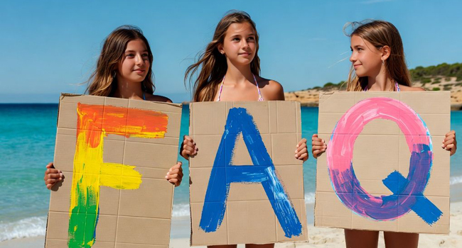 Schülerinnen am Strand in Ilfracombe halten FAQ Buchstaben während einer LISA! Sprachreise mit Meer im Hintergrund