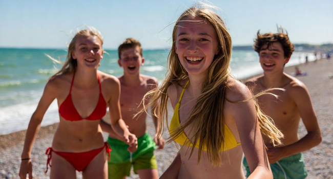 Schüler am Strand in Portsmouth während einer LISA! Sprachreise haben Spaß und freuen sich auf ihre gebuchte Reise