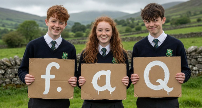 Häufige Fragen zu einer LISA! Englisch-Sprachreise für Schüler in Ennis Schüler mit FAQ-Schildern während einer LISA! Englisch-Sprachreise für Schüler in Ennis, Irland