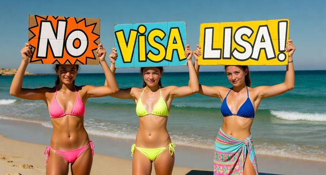 Drei Schülerinnen am Strand in Malta halten „No Visa LISA!“ Schilder während einer LISA! Schülersprachreise