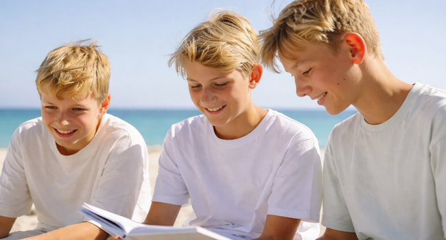 Drei Schüler lernen gemeinsam am Meer während einer LISA! Schülersprachreise in Malta