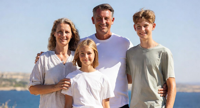 Familie bei einem Sprachreise-Aufenthalt in Malta am Salina Beach vor dem Meer