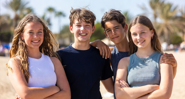 4 Teenager in Freundschaft am Strand auf Sprachreise Malta San Gwann