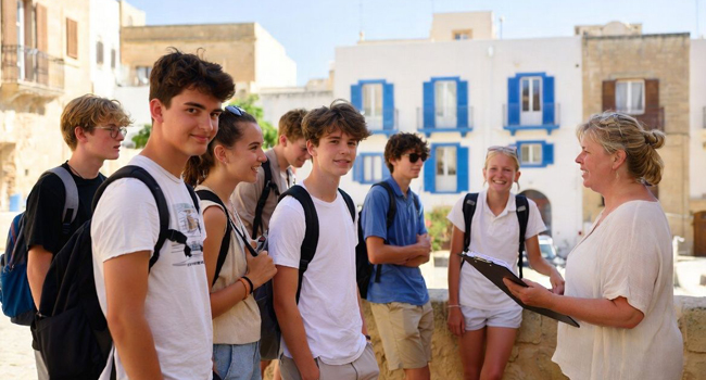 Schülergruppe mit Betreuerin während einer LISA! Schülersprachreise in Malta bei einer Stadtbesichtigung
