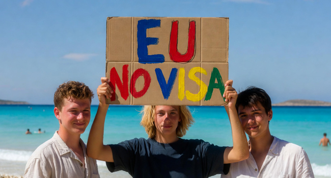 Englisch-Sprachreise Malta für Schüler ohne Visum für EU-Bürger Drei Schüler einer Englisch-Sprachreise in Malta halten am Strand in Sliema ein Schild zur visumfreien Einreise für EU-Bürger