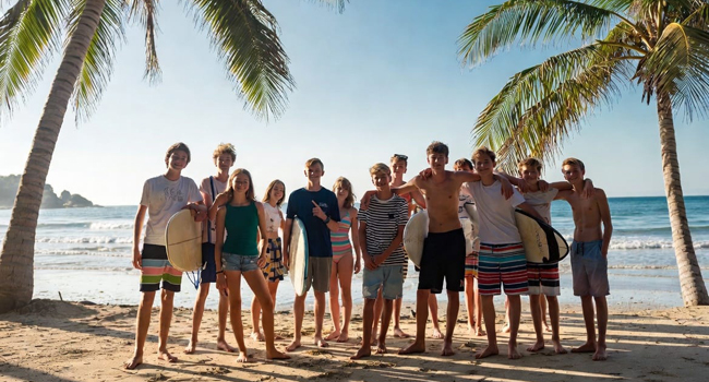 Eine Gruppe von jungen Erwachsenen auf Sprachreise Englisch in Thailand am Strand