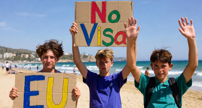 3 Schueler in Malaga am Strand halten Pappschild mit EU NO VISA hoch