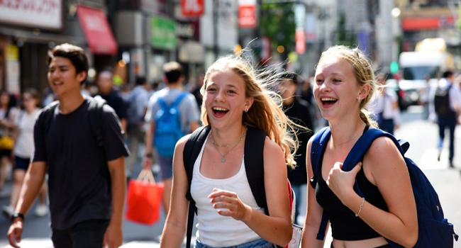 Junge Teilnehmerinnen in einer asiatischen Stadt während einer LISA! Sprachreise für Jugendliche und junge Erwachsene lachen gemeinsam