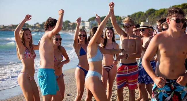 Young Adults am Strand in Mallorca während einer LISA! Sprachreise feiern gemeinsam und genießen Sonne und Meer