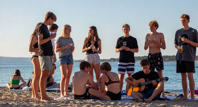 Young Adults am Strand in Mallorca während einer LISA! Sprachreise genießen Freizeit, Musik und gemeinsame Abende am Meer