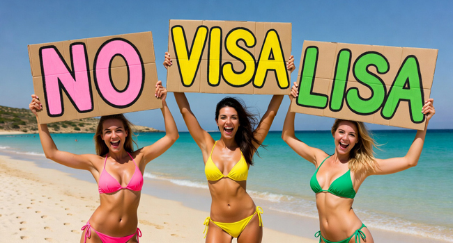 Drei Frauen am Strand in Malta halten Schilder mit dem Hinweis, dass für die Sprachreise kein Visum nötig ist