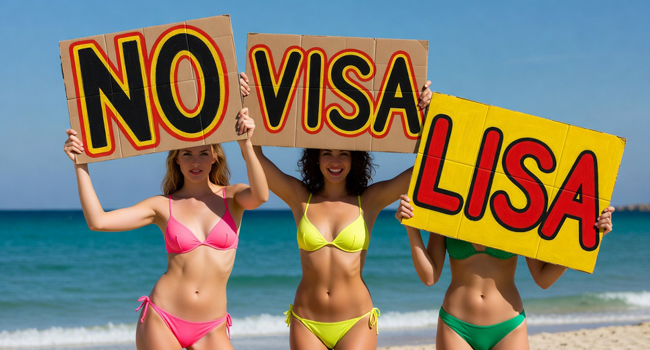 Drei Frauen am Strand Malta halten Pappschilder mit Auffschrift No VISA LISA in die Höhe