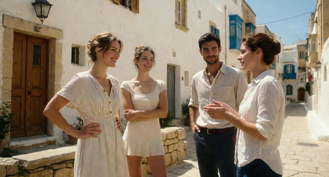 Spaziergang auf Malta im Sommer bei einer LISA! Sprachreise Vier Erwachsene stehen in einer Strasse auf Malta und sprechen miteinander