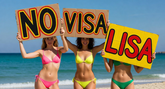 Frauen am Strand mit No-Visa-LISA!-Schildern zur visumfreien Einreise nach Frankreich mit LISA! Sprachreisen