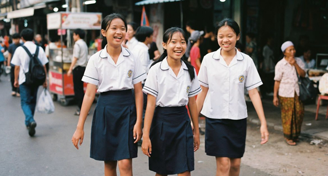 LISA! Sprachreisen Straßenzene Bangkok drei Thai Schülerinnen auf dem Heimweg