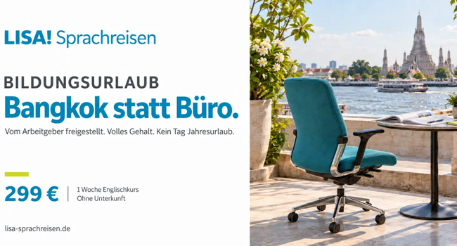 Werbung für einen Englisch Bildungsurlaub in Bangkok mit einem Bürostuhl vor einem Tempel am Fluss