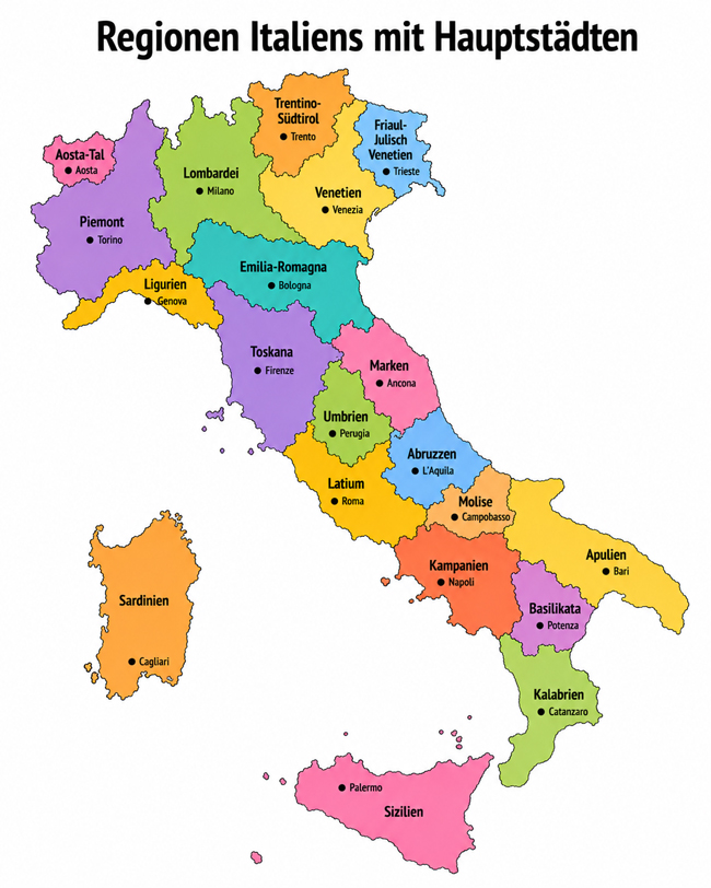 Übersicht auf einer Karte von Italien mit Regionen und Hauptstädten