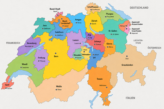 Karte mit farbigen Kantonen der Schweiz mit jeweiligen Haupstädten