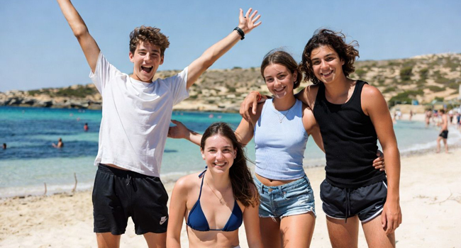 4 Teenager auf Sprachreise am Strand St. Julians Bucht 4 Teenager auf Sprachreise am Strand St. Julians Bucht Junge streckt arme nach oben