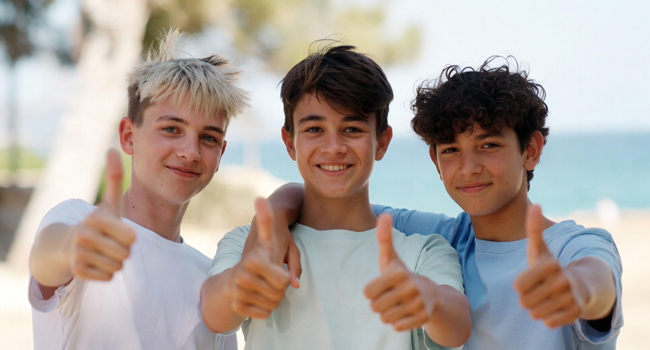 Rating und Test Sprachreisen by LISA! Sprachreisen 3 Jungs zeigen den Daumen um beste Testergebnisse Sprachreisen zu dokumentieren