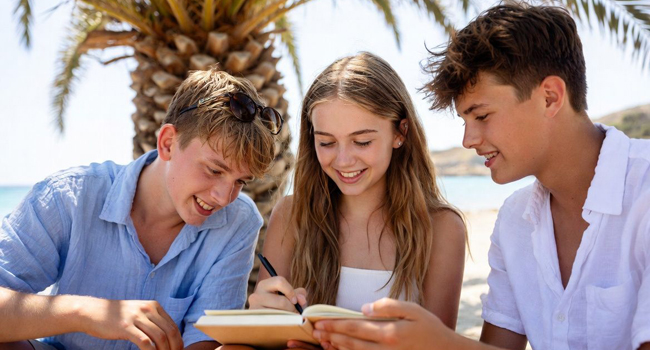 LISA Sprachreisen Schueler Englisch Malta St Julians Unterricht Strand Palme 3 Schüler auf Sprachreisen Malta St. Julians draußen bei Palme lernen für den Unterricht und Sprachkurs