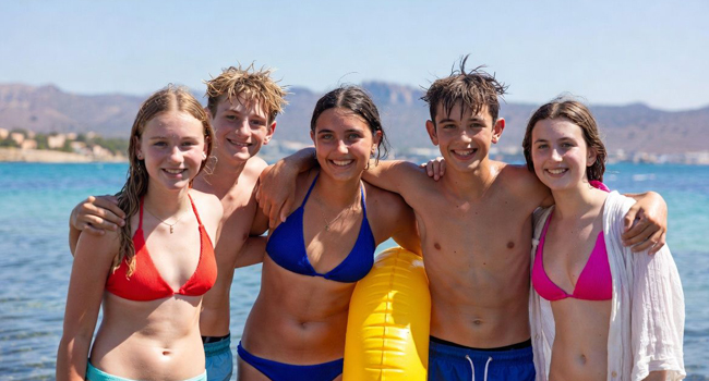 Freizeitprogramm einer LISA! Sprachreisen für Schüler in Malta St. Julians 5 Teenager am Meer mit gelbem Schwimmring und blau-roten-rosa Badesachen