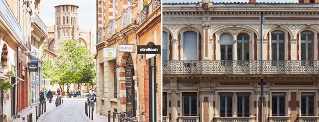 Französisch lernen an der Sprachschule in Toulouse Links Blick in eine Strasse in Toulouse, rechts das Gebäude der Sprachschule